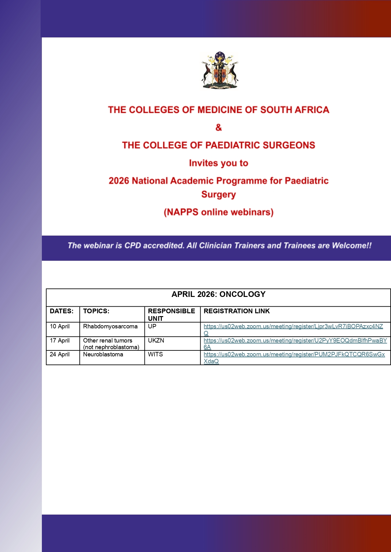 College of Paediatric Surgeon Webinars April 2026